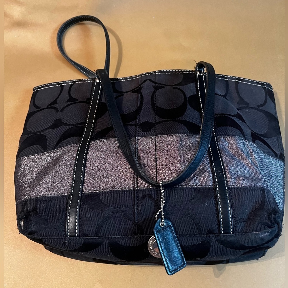 Vintage COACH Black/Gray Signature Stripe Tote Bag Shoulder Purse 11098 - Picture 5 of 12